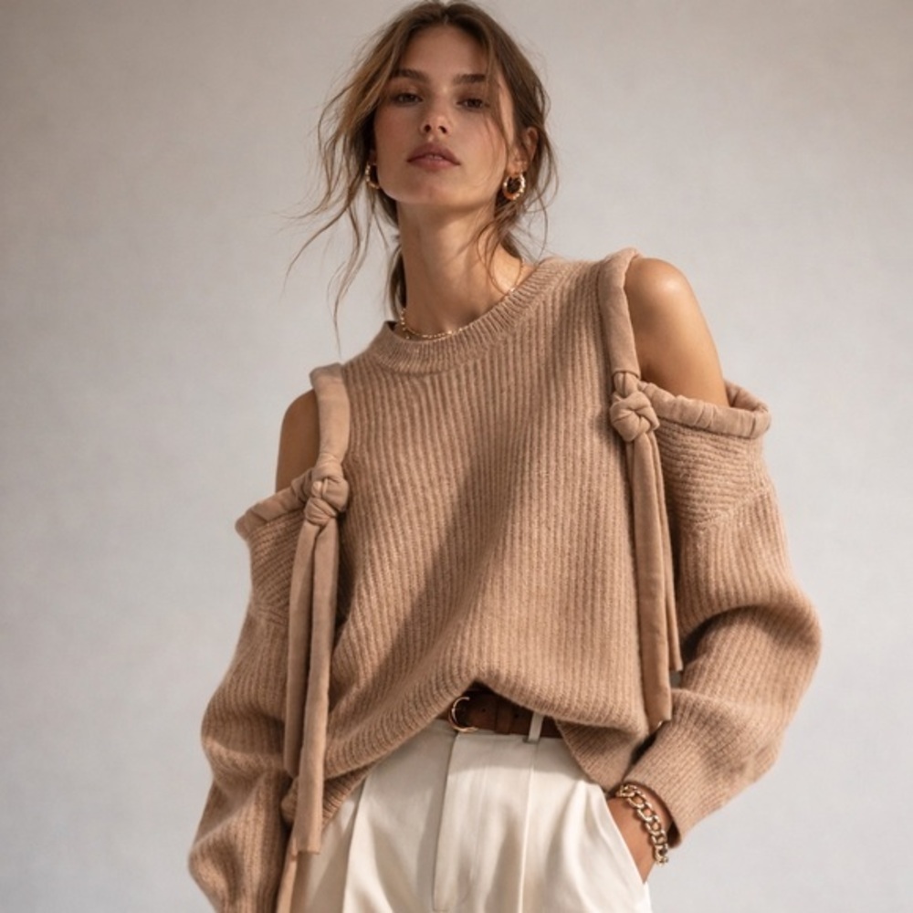 Stella Mccartney Cashmere Wool Beige Ribbed Tie Cold Shoulder Sweater